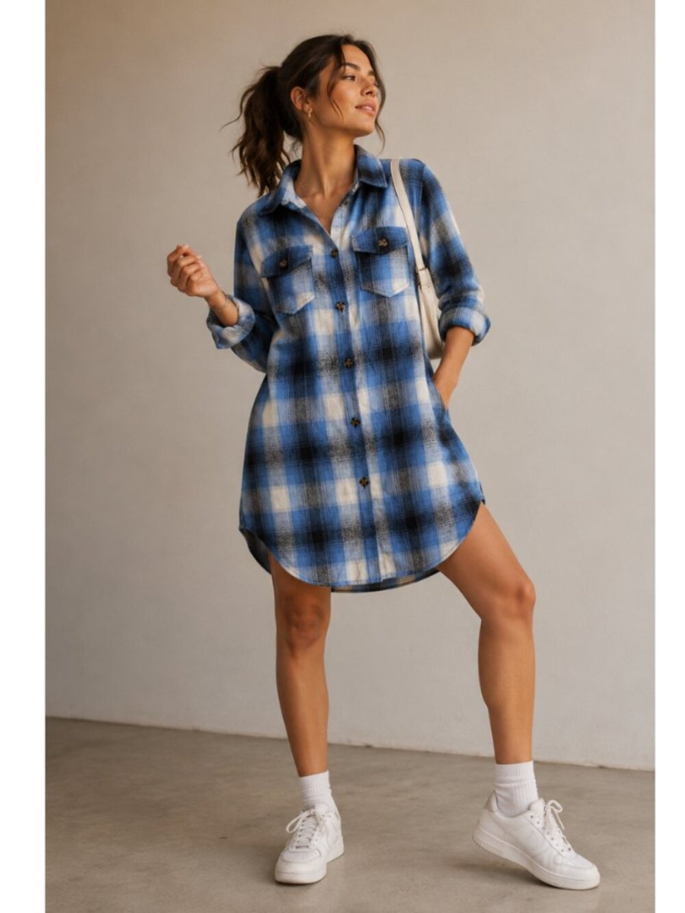 Happily Grey Women’s Flannel Shirt Dress Plaid Blue Long Sleeve Tunic Medium